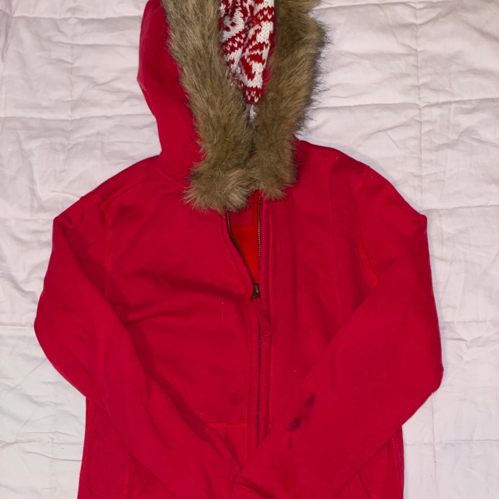 Red faux fur lined jacket with crochet hood